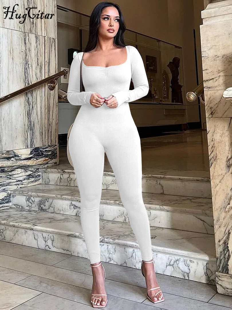 Hugcitar Square Collar Long Sleeve Solid Draped Sexy Bodycon Jumpsuit Fall Winter Women Fashion Streetwear Party Romper Overalls