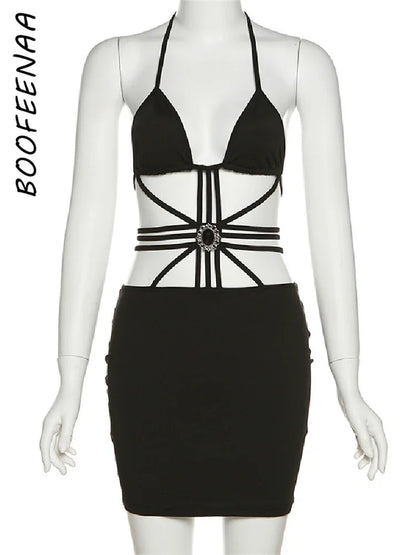 BOOFEENAA-Mini vestidos ceñidos con escote Halter y espalda descubierta, trajes sexys para fiesta Rave, club nocturno, vestido negro, C16-BH21 2023