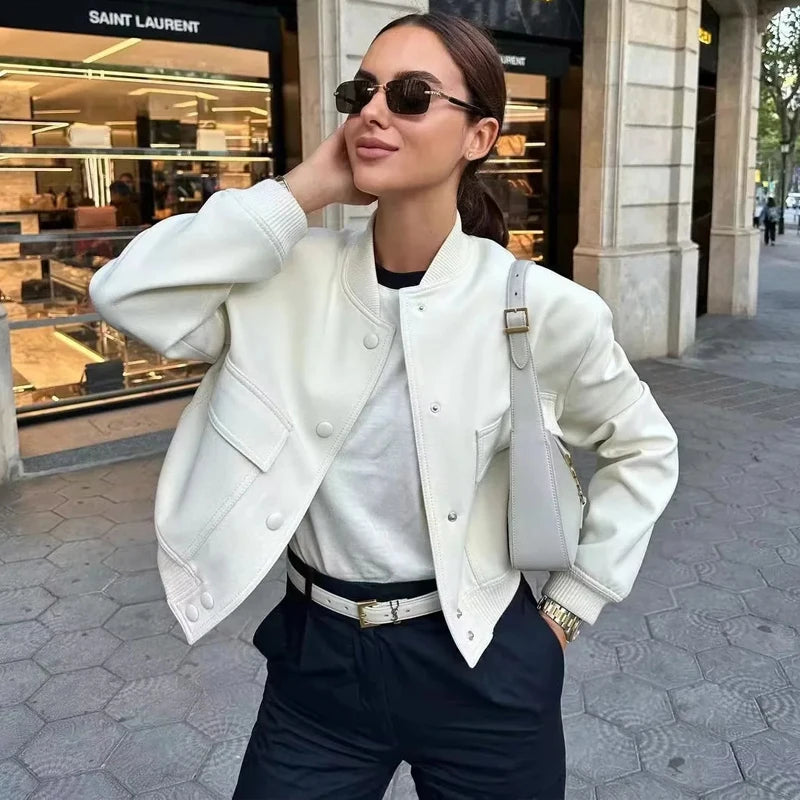 TRAF femme Bomber veste manteau blanc automne hiver bouton Baseball aviateur recadrée vestes pour femmes à manches longues culture vêtements d'extérieur