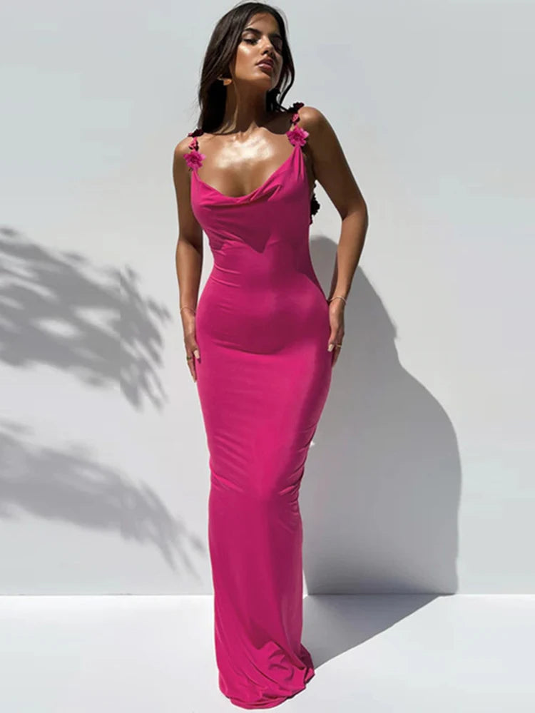 Dulzura-maxivestido rosa y rojo con tirantes de flores para mujer, vestido largo Sexy ajustado con Espalda descubierta, trajes de Club para fiesta, noche, cumpleaños y verano