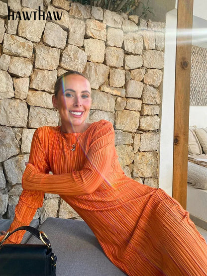 Hawthaw – robe mi-longue Orange à manches longues pour femmes, Streetwear, moulante, vêtements d'automne, vente en gros, articles pour les affaires, 2022