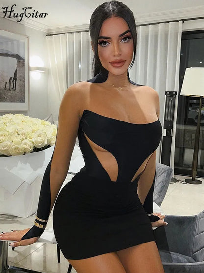 Hugcitar Women Fashion Long Sleeve Patchwork Mesh See Through Sexy Bodycon Mini Dress 2023 Winter Evening Party Club Y2K Clothes