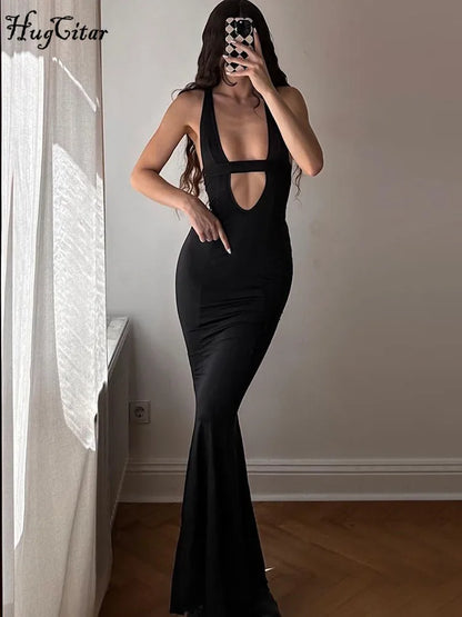 Hugcitar Black Strap Deep V Neck Backless Sexy Bodycon Maxi Dress 2024 Spring Women Elegant Clothes Festival Rave Party Club Y2K