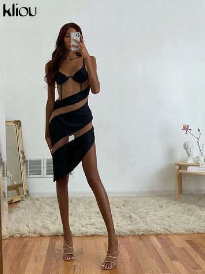 Kliou Asymmetrical Mesh See Through Patchwork Mini Dress Women Sexy Bikini Straped Backless Hot Party Clubwear Summer Beachwear