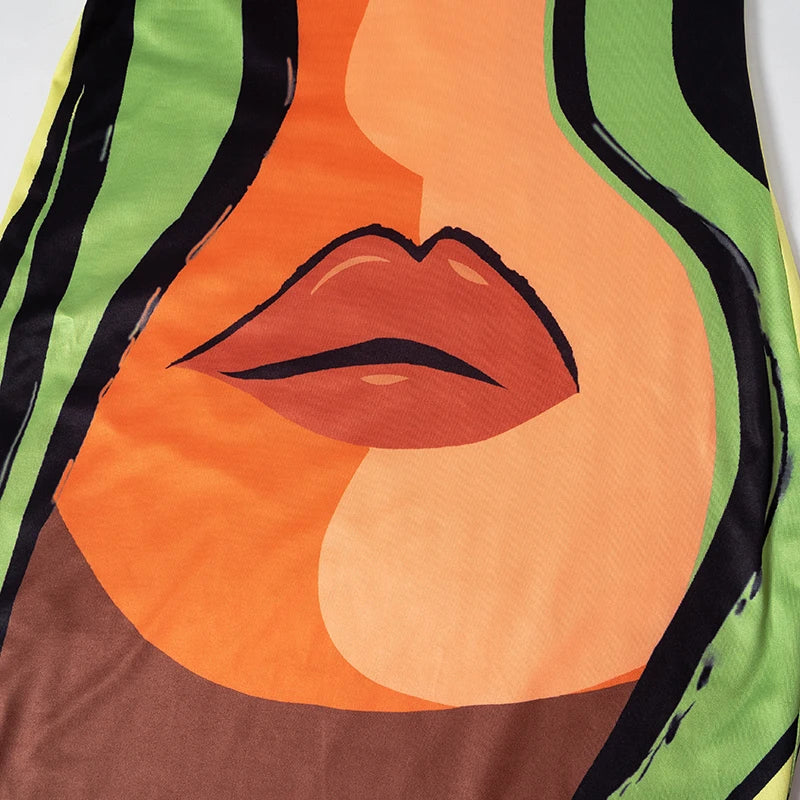 CUTENOVA Fashion Orange And Green Color Clashing Stand Collar Sleeveless Dress Big Sexy Lips Printed Slim Outfit