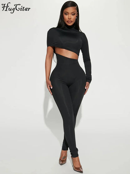 Hugcitar Black Long Sleeve Asymmetrical Hollow Out Zip Up Sexy Bodycon Jumpsuit Summer Women Party Nightclub Romper Overalls Y2K