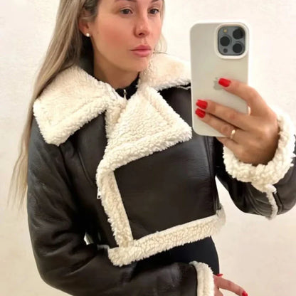 TRAF chaqueta de cuero recortada para mujer, abrigo de mezcla de lana negra, chaqueta Bomber de Tweed, chaqueta corta de cuero y piel para Otoño e Invierno