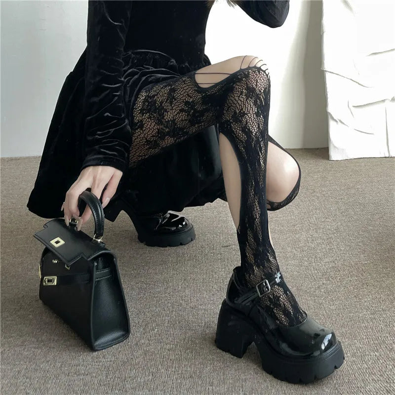 Floral Jacquard Sexy Stockings Women Gothic Punk Black Fishnet Pantyhose Harajuku Lolita Irregular Ripped Holes Mesh Tights