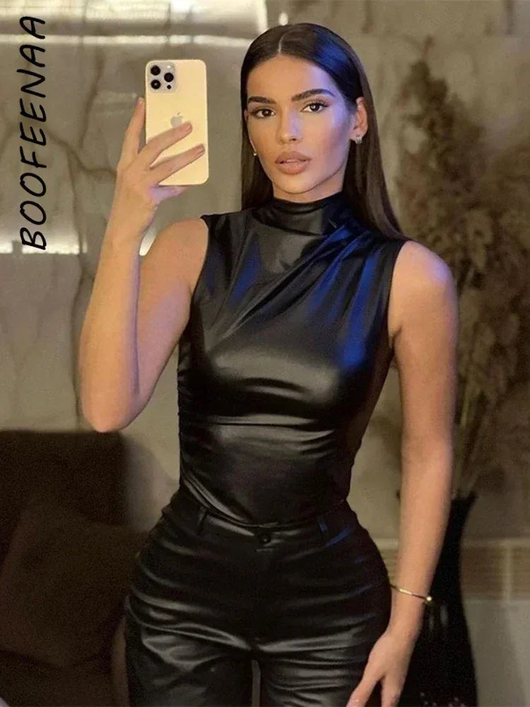 BOOFEENAA PU Leather Tank Top High Fashion Asymmetrical Ruched Sleeveless Blouse Winter Sexy T Shirt for Women Clothes C85-CZ21