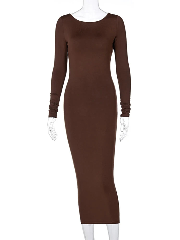 Dulzura – robe Maxi marron à manches longues, dos nu, moulante, slim, Sexy, longue, Streetwear, tenues de fête, automne hiver