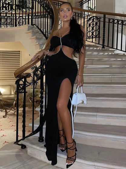 Kliou – Robe Maxi ajourée avec diamants scintillants, élégante, bretelles Spaghetti, dos nu, fente latérale, couleur unie, Sexy, vêtements de fête