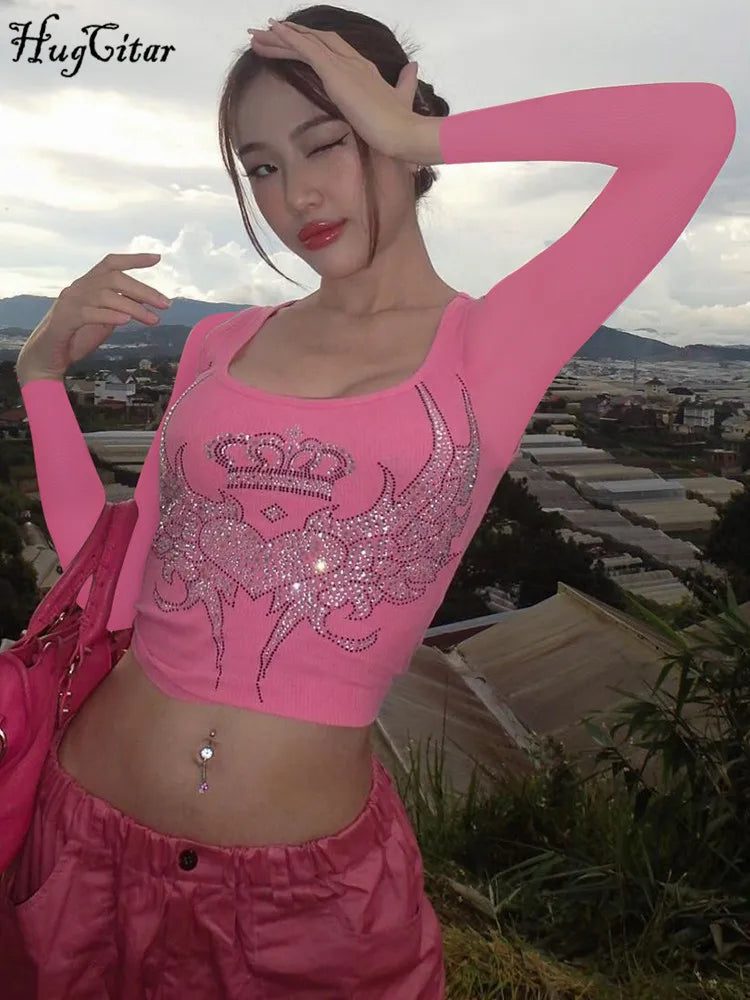 Hugcitar-Camiseta con gráfico de lentejuelas de manga larga para mujer, Top corto Sexy rosa Kawaii, Top corto ajustado, ropa Y2K para fiesta Rave 2023