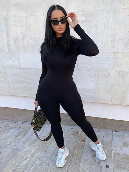 Kliou solid black/gray long sleeve skiing  jumpsuit women elastic hight outfit fashion fitness sportwear slim rompers streetwear