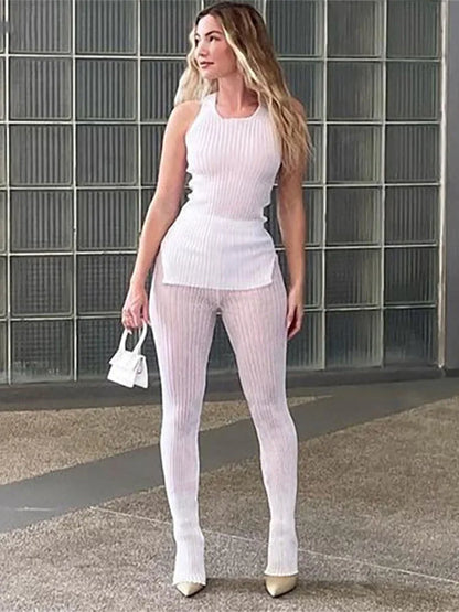 Kliou Solid Knitted Two Piece Set Women See Through Skinny Casual Top+Pant Matching Outfits Active Sexy Streetwear Clothing