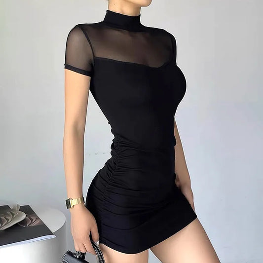 CUTENOVA Goth Dark Mock Neck Y2k Bodycon Mini Dresses Gothic Women Mesh Patchwork Sheer Party Dress