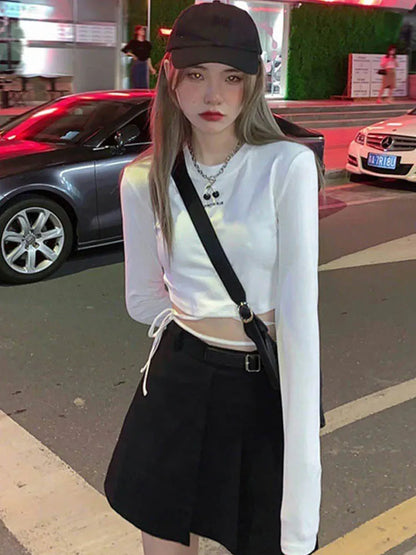 Long Sleeve T-shirts Women Design Sexy Crop Ins Prevalent Bandage Tops Harajuku Ulzzang Street Spring Female Ropa Hot Skinny New