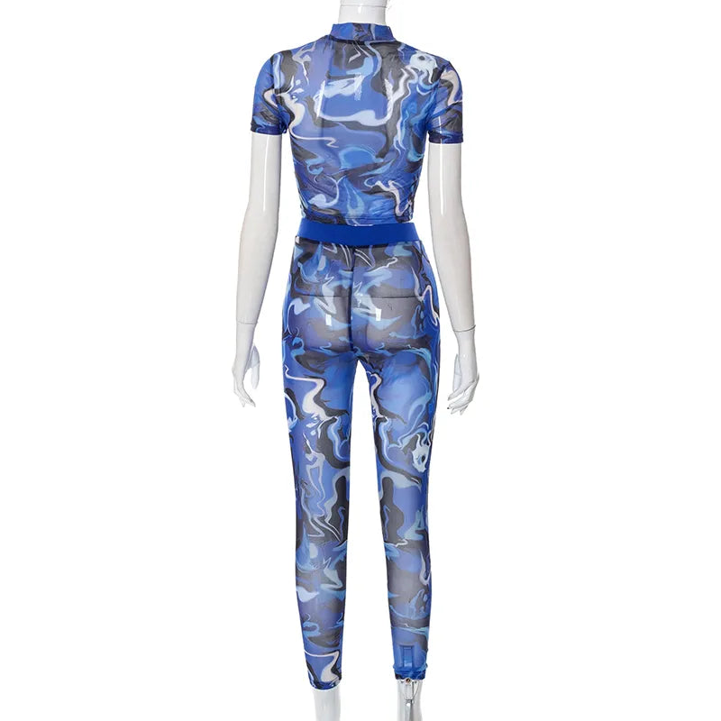 CUTENOVA Mesh Suit Colorfull Printed Short Sleeve O Neck Crop T-shirt+Pant Tracksuit Woman 2pcs Casual set