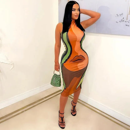 CUTENOVA Fashion Orange And Green Color Clashing Stand Collar Sleeveless Dress Big Sexy Lips Printed Slim Outfit