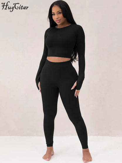 Hugcitar – T-Shirt court à manches longues et Legging de couleur Pure, ensemble 2 pièces assorti, mode Streetwear pour femmes, survêtement de sport, automne 2023