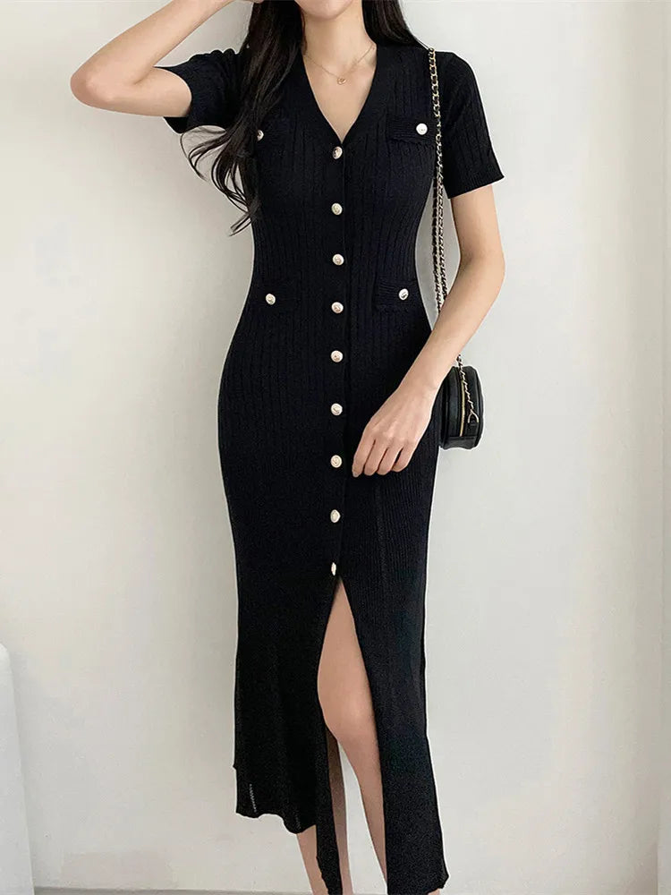 Vestido Midi de verano para mujer, vestido negro tejido ceñido al cuerpo con volantes de estilo coreano, vestido informal elegante a la moda para mujer 2023