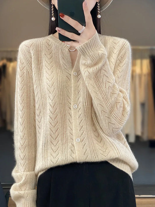 Cardigan en laine à manches longues pour femme, vêtement d'extérieur, pull à col rond, tricot, Style coréen, nouveau vêtement d'extérieur, Crochet