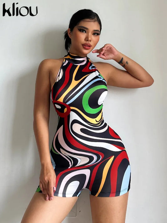 Kliou Halter Print Playsuits Women Hipster Sleeveless Backless Skinny Colorful Rompers Stunning Female Street Attractive Overall