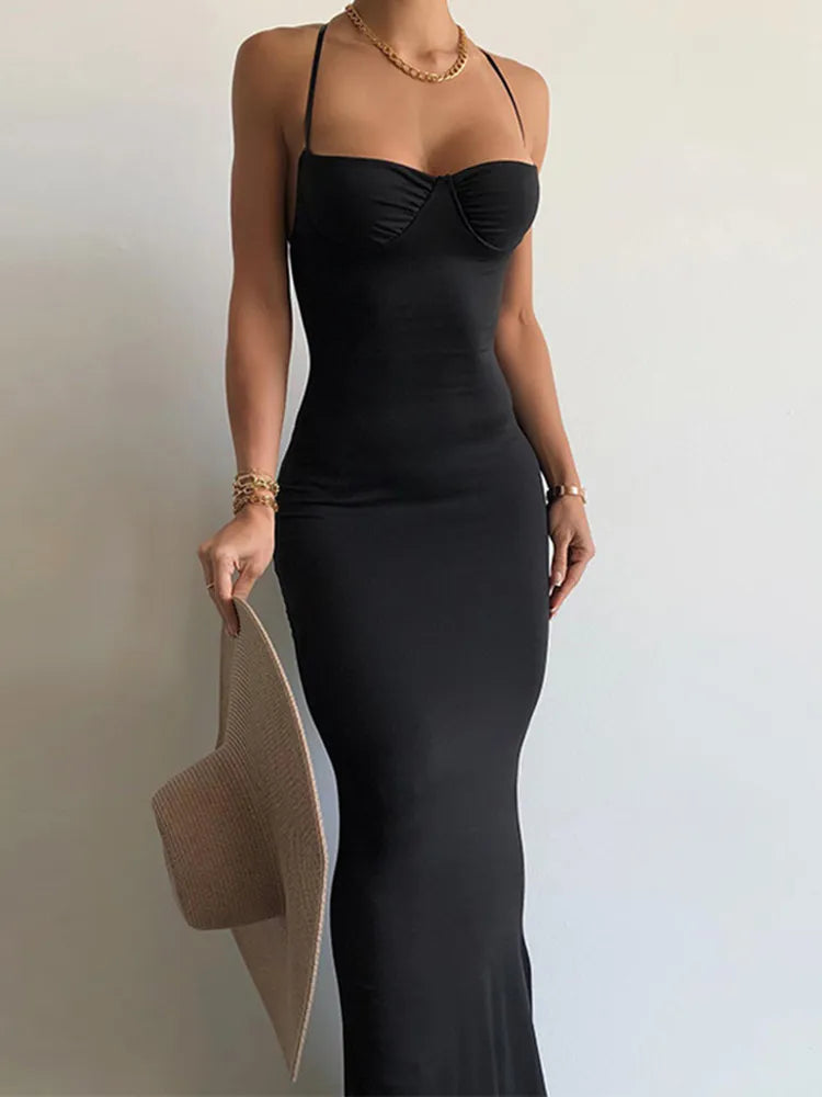 Dulzura Solid Black Backless Long Dress For Women Bodycon Sexy Slim Maxi Dress Party Club Outfits Summer Wholesale Items