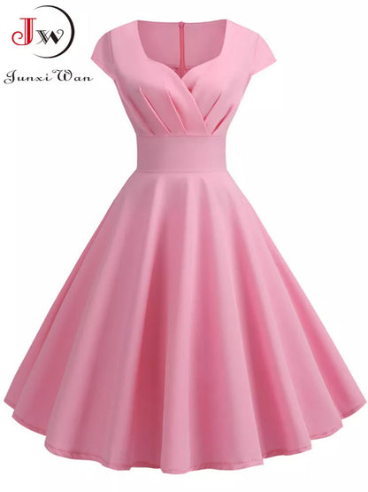 Robe d'été rose femmes col en V grande balançoire Robe Vintage Robe Femme élégant rétro pin up fête bureau robes mi-longues