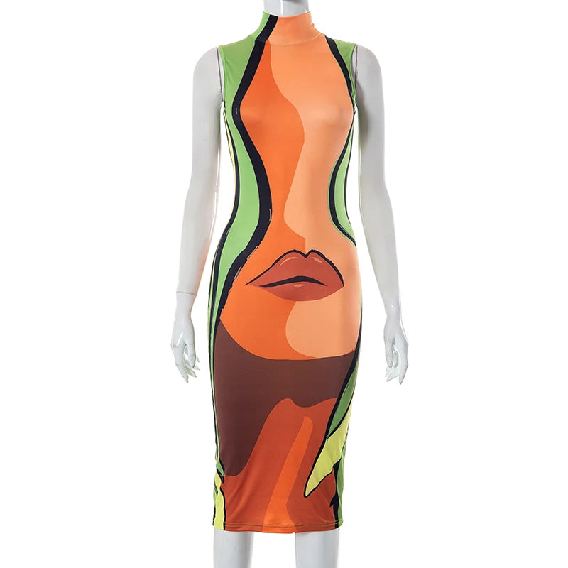 CUTENOVA Fashion Orange And Green Color Clashing Stand Collar Sleeveless Dress Big Sexy Lips Printed Slim Outfit