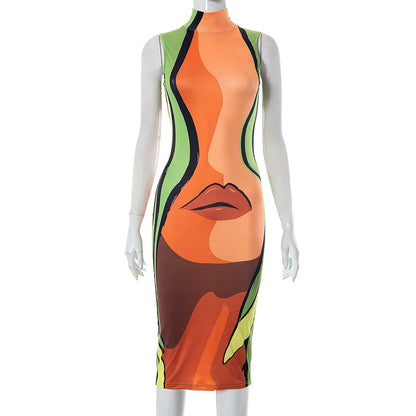 CUTENOVA Fashion Orange And Green Color Clashing Stand Collar Sleeveless Dress Big Sexy Lips Printed Slim Outfit