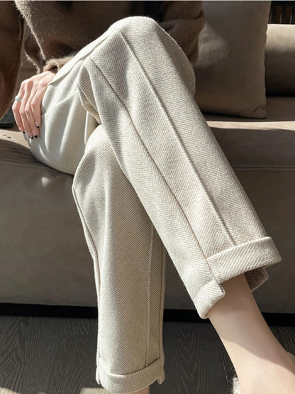 High-waisted Tweed Straight Pants 2023 Autumn/Winter New Women' S Pants Loose Casual Herringbone Warm Thickened Cropped Pants