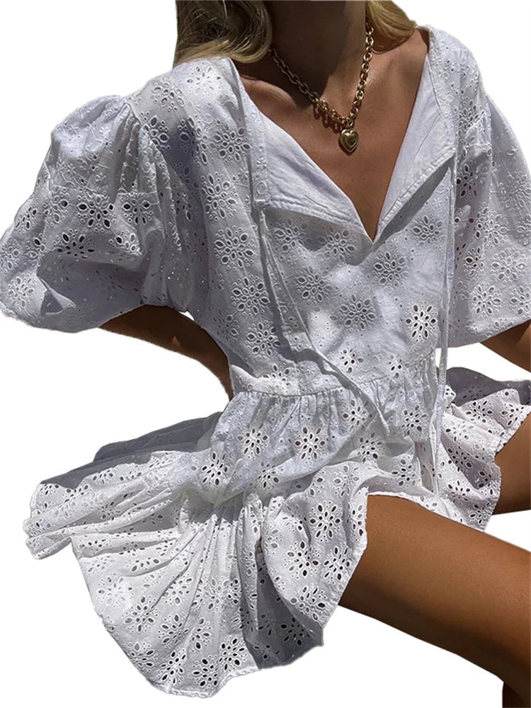 CHRONSTYLE Elegant Women Lace Floral Short Sleeve Mini Dress V-neck Solid High Waist Hollow Out Party Dress Female Vestidos 2022