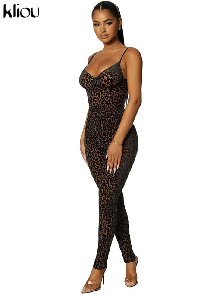 Kliou Flocking Mesh Jumpsuit Women Autumn Sexy Camis Leopard Patchwork Body-Shaping One Piece Clothing Midnight Attire Clubwear