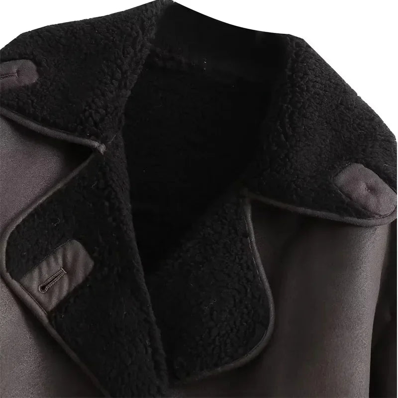 TRAF Woman Thick Faux Leather Jackets for Women Coat Autumn Winter Warm Wool Blends Coats Demi-season Plush Jacket Outerwear