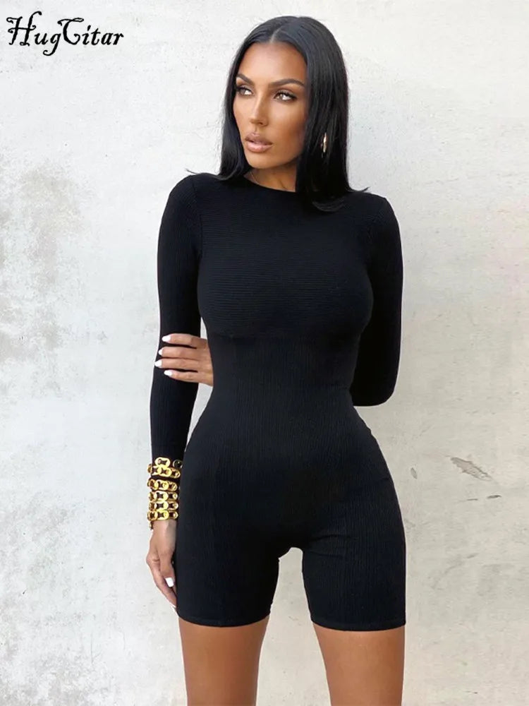 Hugcitar Ribbed Long Sleeve Solid Zip Up Sexy Bodycon Skinny Playsuit Autumn Winter Women Fashion Streetwear Gym Romper Y2K