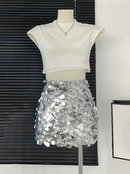 Mini jupe Sexy et brillante pour femmes, taille haute, fente de Club, fermeture éclair, paillettes, ligne a, Slim, Y2k, tendance, Chic, mode été pour filles