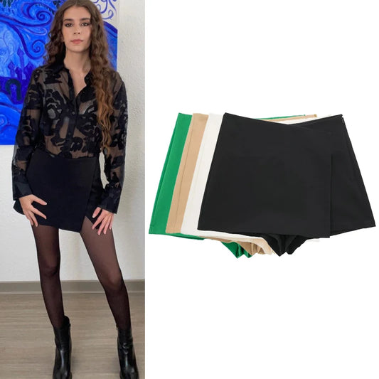 TRAF Women Shorts Skirts High Waist Asymmetric Shorts Skirts Black Mini Skirt Shorts Woman Shorts Spring Autumn Fashion Shorts