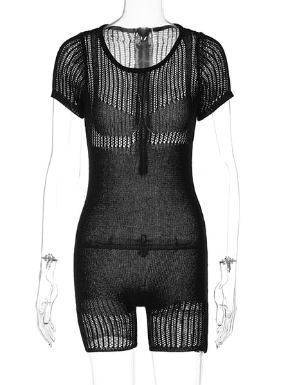 Hugcitar Solid Knitted Short Sleeve Zip Up Sexy Bodycon Skinny One Piece Playsuit 2023 Summer Fashion Streetwear Sport Romper