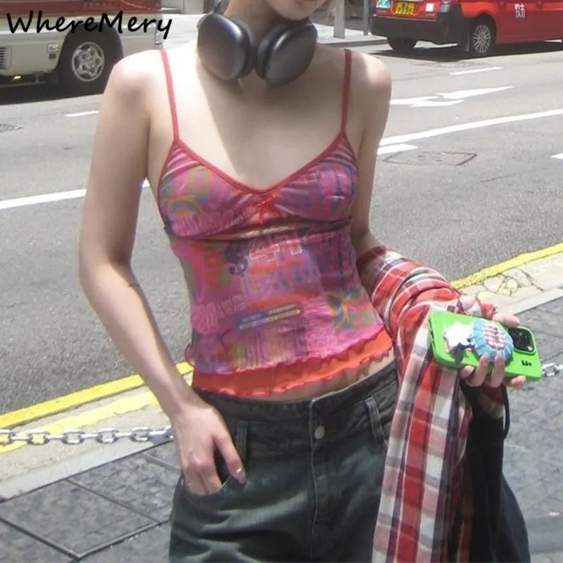 WhereMery Y2K Vintage Imprimé Bretelles Débardeur Haut Streetwear Col En V Sans Manches Femmes Récolte Hauts D'été Décontracté Mode Camisole