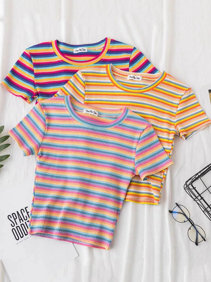 New T Shirt Women Rainbow Striped Tops Slim Fit t shirt Harajuku Tshirt Summer Short Sleeve Korean T-shirt feminina Clothes Tops