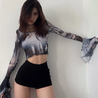 CUTENOVA Goth Dark Punk Print Y2k Mesh Women Crop Tops Gothic Flare Sleeve See Through T-shirts Lettuce Hem Sexy Streetwear