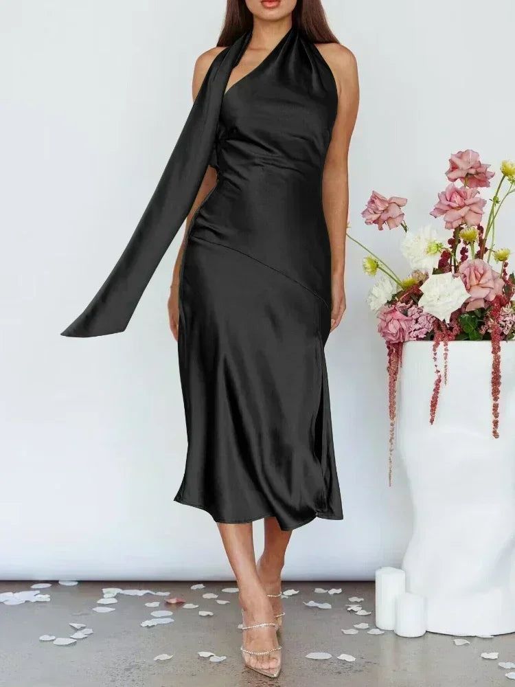 Robe longue de soirée en Satin pour femmes, élégante, dos nu, Maxi, couleur unie, mode, sans manches, douce, mi-longue, été, 2023