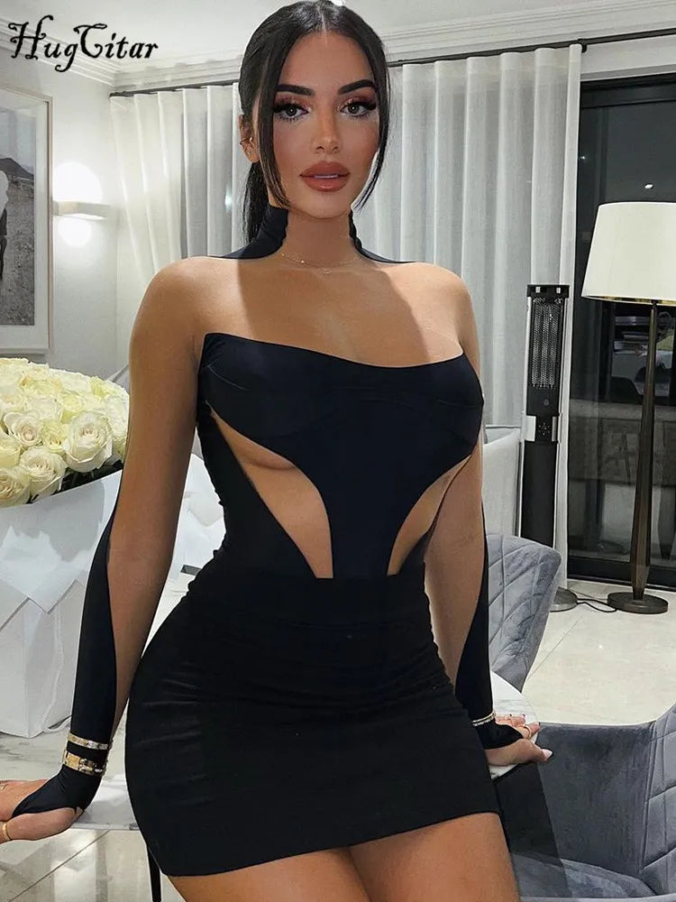 Hugcitar-Vestido corto ajustado de manga larga para mujer, minivestido Sexy transparente de malla de retales, ropa para fiesta nocturna de invierno Y2K 2023