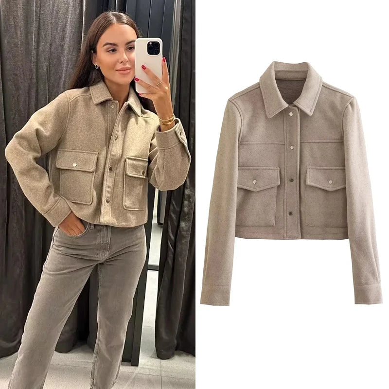 TRAF – blouson aviateur court pour femme, manteau d'aviateur, vêtements d'extérieur en laine et mélanges, veste en Tweed, automne et hiver