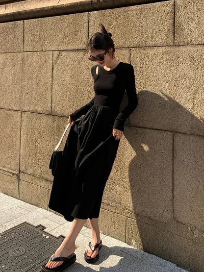 Vintage Knitting Maxi Wedding Dresses for Women Clothing O Neck Office Lady Casual Pockets Bodycon Midi Dress Winter 2023 Black