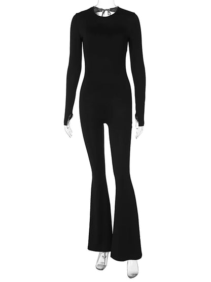 Hugcitar Black O Neck Backless Lace Up Sexy Bodycon Skinny Jumpsuit Winter Women Fashion Nightclub Work Out Romper Overalls Y2K