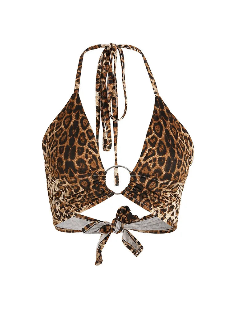 Top corto con cuello Halter para mujer, Top Sexy con estampado de leopardo, camisola con espalda descubierta y encaje con lentejuelas, camiseta sin mangas con anillo de Metal, corpiño para fiesta y Club 2023