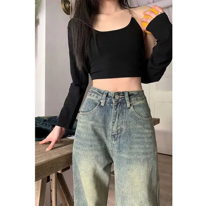 Pantalon Baggy droit en Denim pour femme, Vintage des années 90, Y2K, taille haute, jambes larges, Streetwear, décontracté, assorti avec tout, nouveau