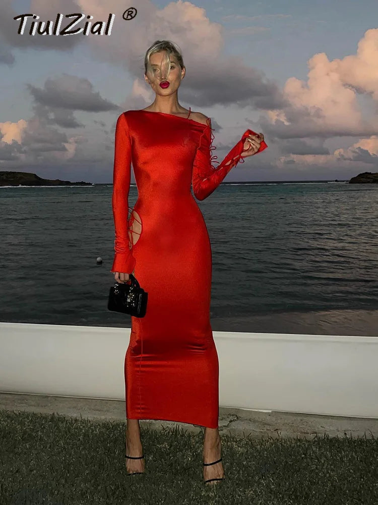 TiulZial Red Hollow Out Stretchy Bandage Sexy Midi Dress 2023 Club Party Long Sleeve Bodycon Dress Women Event Nightwear Outfits