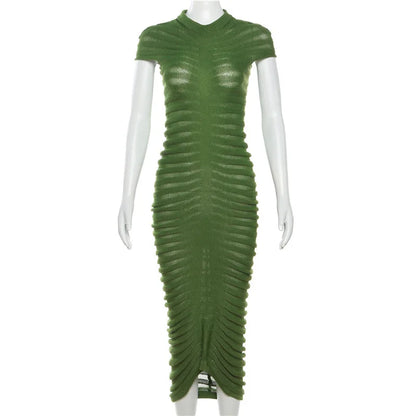 Sexy O Neck Short Sleeve Ruched Midi Dress Women Knitted See Through Beach Cover Up 2023 Spring Fall Luxury Fairy Birthday Robe